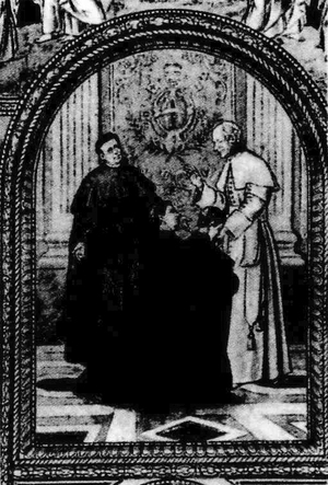 Pater Jordan stellt Papst Leo XIII. neue Missionare zur Segnung vor, nach einer Darstellung von Br. Agidius Röder SDS